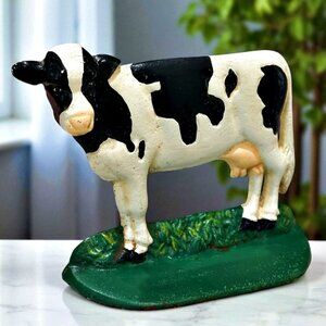 Cast Iron Cow Door Stop Bookend Holstein Hand Painted Farmhouse Folk Art Country